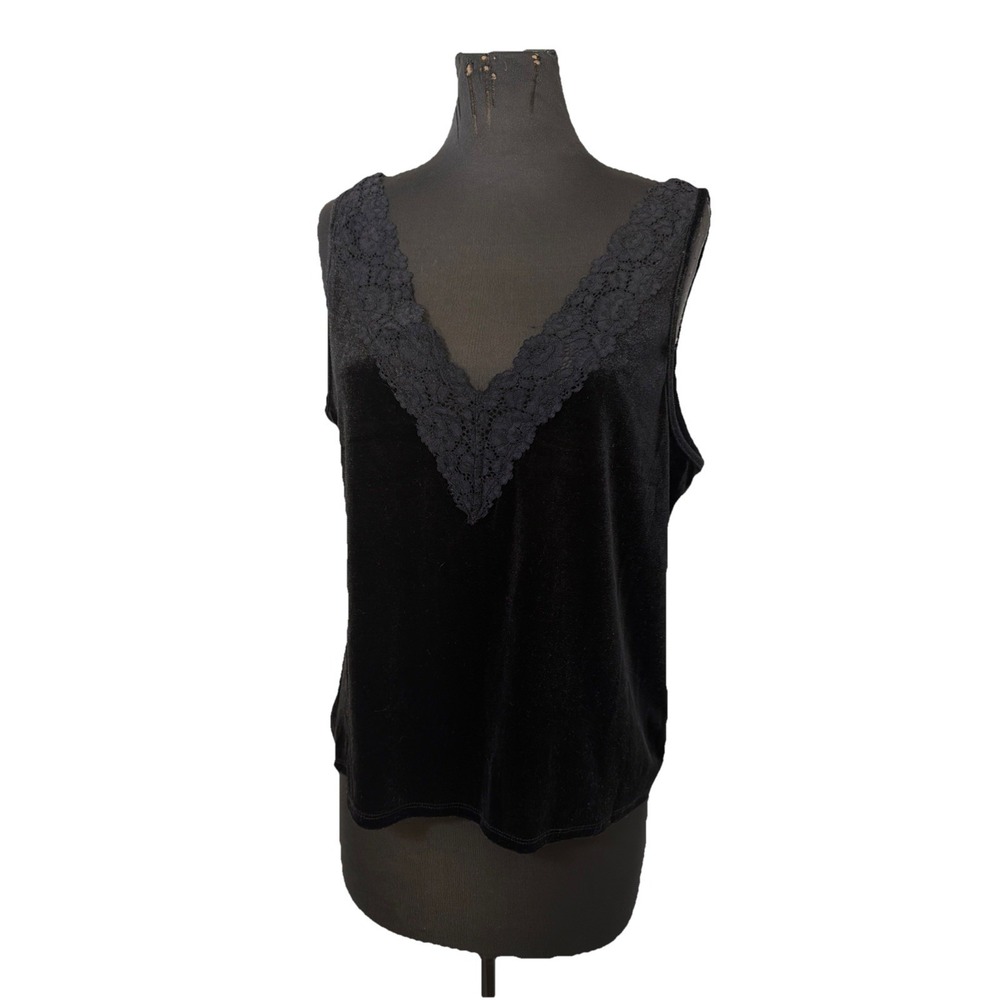 Linea Donatella Black Lace‎ Velvet Sz L Y2K  Grunge Dark Glam Retro Tank Top